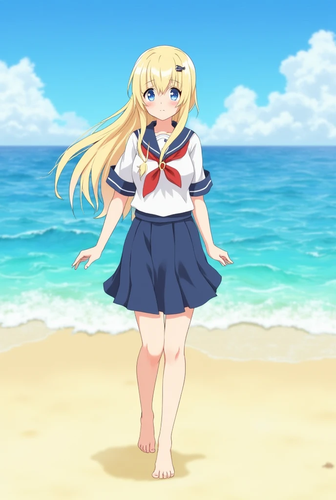 Alone, Long Hair, 1 girl, high definition, masterpiece, is anatomically correct, Best Quality, detail, High detail, very detailed, Blonde, big breasts at the temple, blue eyes, realisticpicture,
is 20 true jinjusei 、 in sailor suit、 Walking on a sandy beach on the Nichinan coast、 has just the right amount of supple muscles on the shoulder、 Round ass、The kanji tattoo on the ankle 、高いディテール,