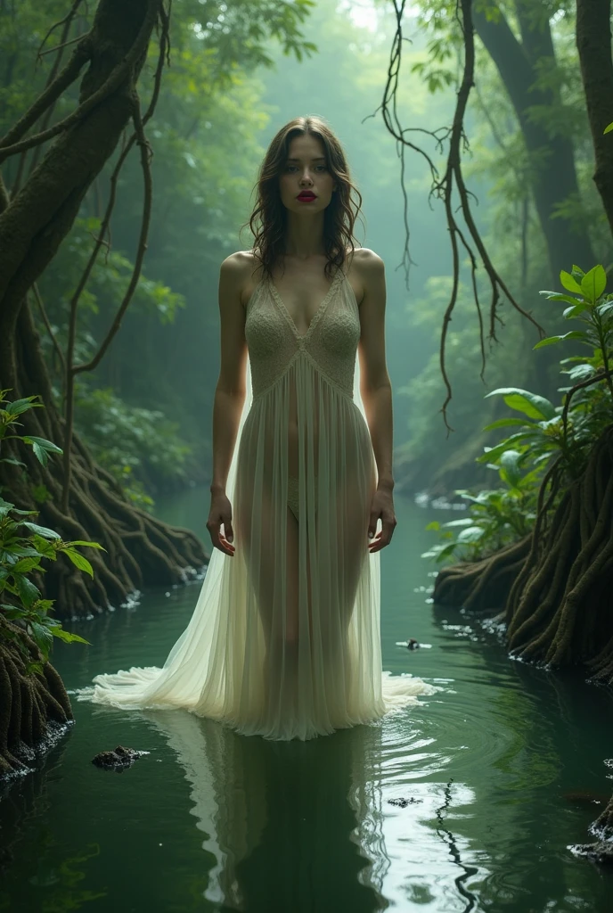 Kate Mara (age 25), is a jedi (dressed appropriate t the scene). She is on an alien jungle world and has stopped to shower under a waterfall. Separated from her robe wearing only a small sheer white under garment, she calls her lightsaber from the shore and assumes a fighting stance as she senses danger