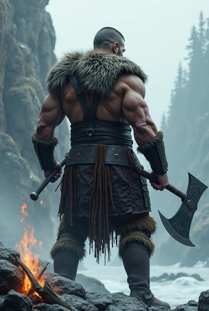 Giant barbarian warrior holding giant sword that touches the ground