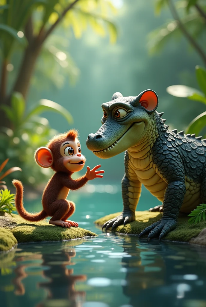 A crocodile see the monkey in the jungle