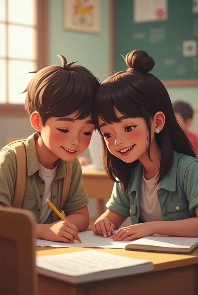 Draw for me two people sitting at a school desk, looking at each other while they write in their notebooks..