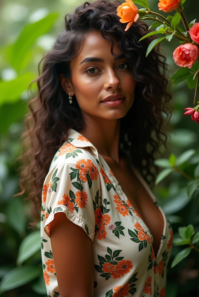 A Brazilian woman in a lush tropical garden, wearing an open shirt with a floral print, with a close-up capturing the harmonious beauty between her breasts and the natural flowers, showing off your natural charm and outgoing personality.