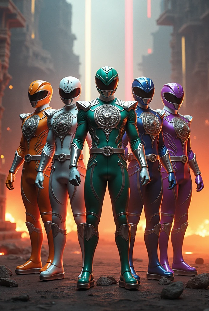 "Create a stunning modern rendition of an Indian-themed Power Rangers team called 'Supreme Force.' The team consists of five members, each with a distinct personality and cultural influence. Their armor blends traditional Indian motifs like intricate patterns, mandalas, and elements inspired by mythological deities, with futuristic metallic finishes and neon highlights. Each ranger’s armor is color-coded (orange white, Green purple) and features unique weapons inspired by Indian weaponry, such as a chakram, talwar, and trishul, with an ultra-modern twist. The backdrop is an intense futuristic battlefield with glowing energy lines and ancient temple ruins integrated into a high-tech cityscape."