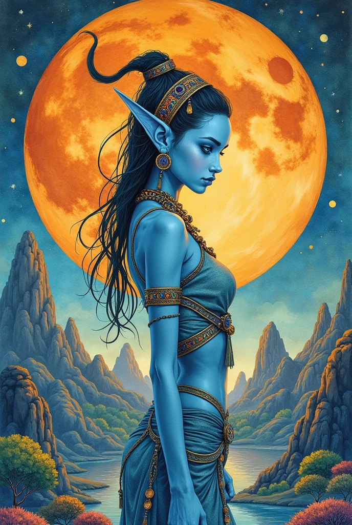 Alien woman with golden glowing eyes, blue and yellow in color on his skin, daughter of a small pearl that she holds in her hand. This shows her semi-naked body. Her hair as dark as night and so long that it reached her heels, alien on a planet with 5 moons