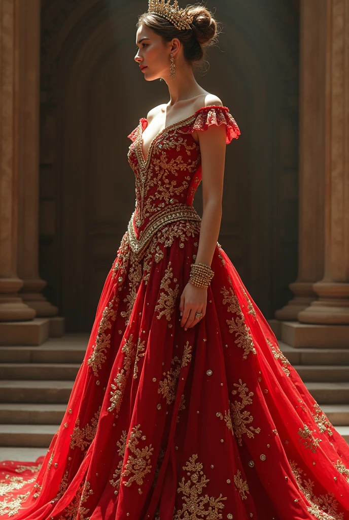 South asian girl in a renaissance castle. She is wearing a long sequins rose gold ball gown with burgundy velvet opera gloves