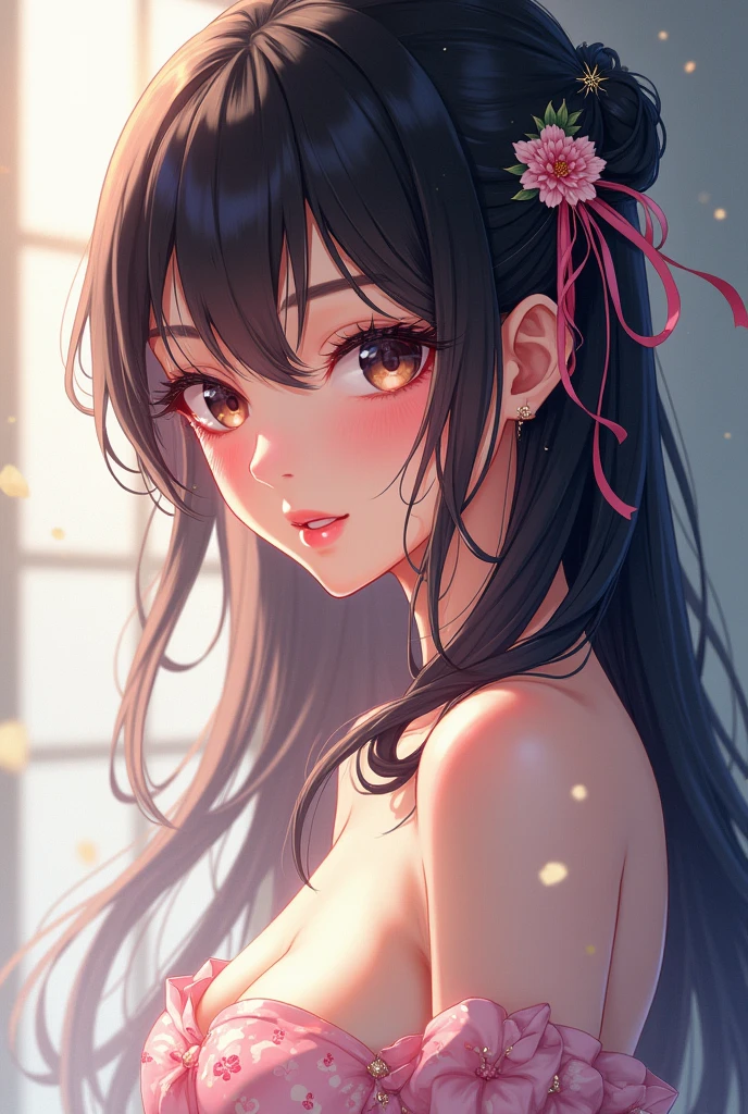 highest quality, masterpiece, Ultra-high resolution, (Realistic: 1.4), kamado nezuko, RAW Photos, 1 girl, kimono, look at me, Close-up of face, The best smile, Heart Shiny Skin, Dramatic lighting, Give a heart gift, Lovely, Leaning forward, fine, cute, Valley, Highly detailed eye depiction, (Detailed depiction of cute pink nipples)