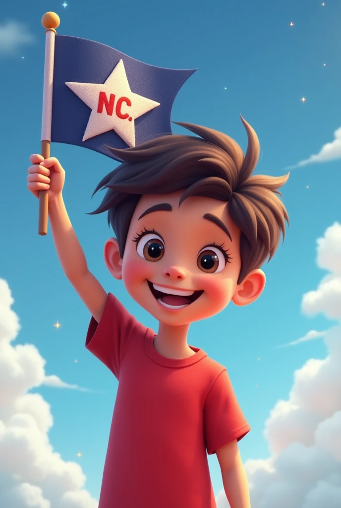 Create an image for me of a cheerfully smiling boy wearing a red shirt only, That a flag is flying in his hand with this ⭐️ and the initials in capital letters NC