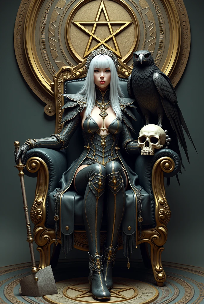 Surreal Very detailed Ultra Fantasy Ultimate Details Ultra-high resolution 8K 32k 3D Clear Eyes Silver Hair Sit on a chair A hawk sits on a skull Holding a demonic skull in his left hand Assassin A giant snake coils around your arm Dragon head with shoulder pads facing outwards mechanical engineering Mechanic Art . intricate and elaborate design, money, gold Silver Silver Red Black-purple Dynamic pose Robotics Cinema Lighting Demonic Spell Aura Sit on a chair Magic circle design A large, luxurious amulet made of gold Vivid Color Mysterious shotgun in right hand Girl Place a glowing blue-purple crystal with a pentagram symbol on your lap A gorgeous, devilish and cool tiara The ultimate mysterious design Satanism Demonic Armor Shooting from an angle Mysterious Chair