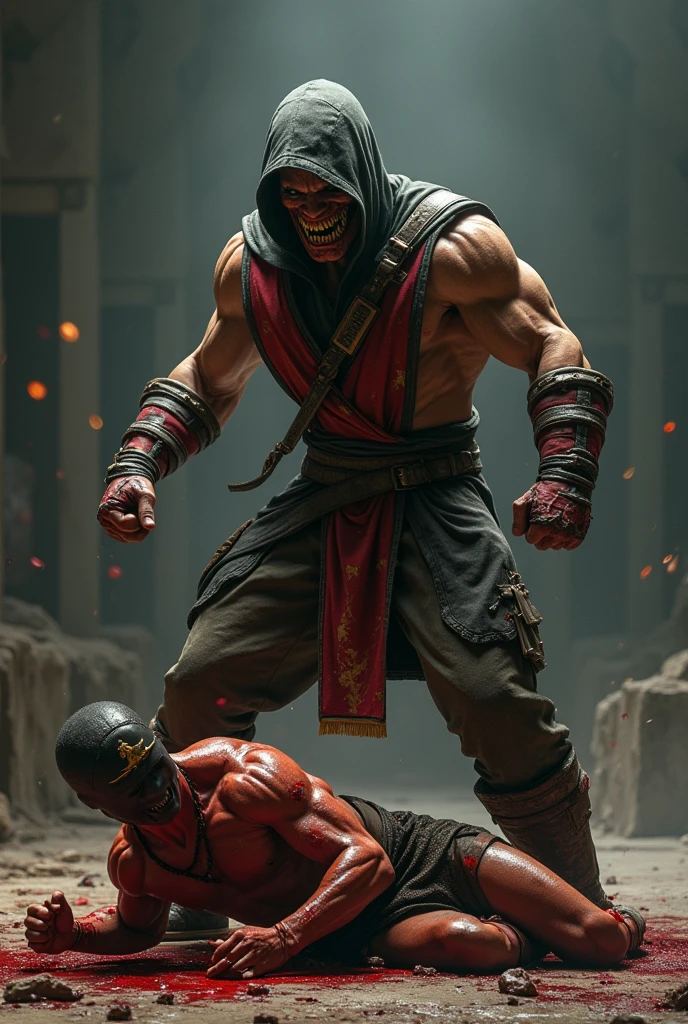 A hyperrealistic digital painting of a brutal Mortal Kombat fight scene. The image features Sub-Zero and Scorpion engaged in an intensely violent battle. Sub-Zero is performing a spine-ripping fatality on Scorpion, blood and gore splattering in all directions. The background is a fiery, hellish landscape, with flames and smoke adding to the chaos. Sub-Zero's ice powers are visible, with shards of ice mixed with the blood. Scorpion's eyes are wide with pain and fury, his body contorted in agony. The lighting is dramatic, casting deep shadows and highlighting the horrific details of the scene. The composition is dynamic, capturing the raw brutality and visceral nature of Mortal Kombat. Rendered in ultra-detailed 8k resolution, this artwork showcases an award-winning level of digital artistry, with every gruesome detail meticulously crafted to create an unforgettable and shocking visual impact.