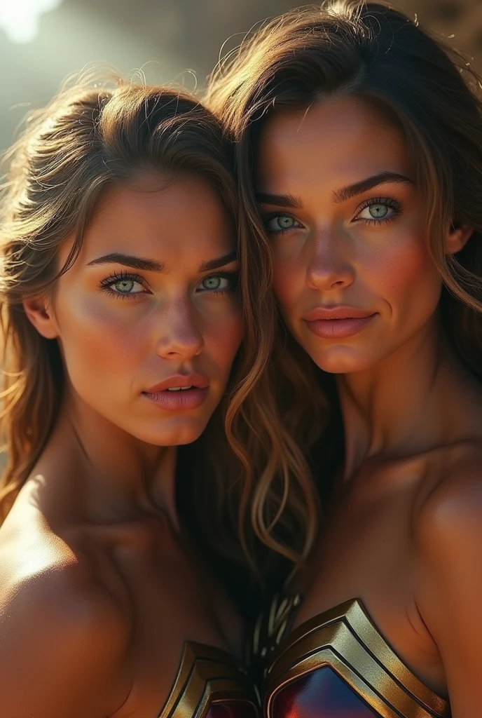 2girls, ((​masterpiece、top-quality、ultra-definition、hight resolution))、4K picture quality、((Beautuful Women))、22year old、wetted skin、radiant eyes、perfect  eyes、((Beautiful Nordic sisters))、Golden Theme,(maikurobikini:1.4),the beach,Background crowd、((red swim wear))、((Long Wave Hair))、((facial close-up))、