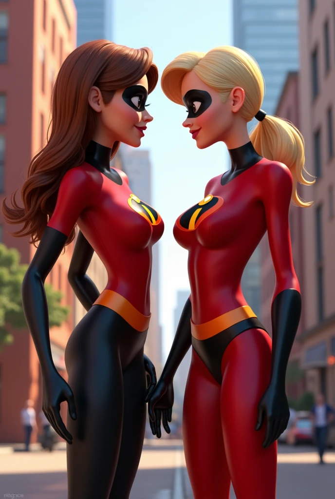 [Core Concept] An intimate, sensual scene featuring Aunt Cass from Big Hero 6 and Helen Parr (also known as Elastigirl) from The Incredibles, both wearing revealing sheer lingerie.

[Character Description] Aunt Cass and Helen Parr are depicted in a state of undress, their curvaceous figures accentuated by the sheer, delicate fabric of their lingerie. Their faces express a coy, flirtatious demeanor as they gently caress and fondle each other's breasts and buttocks.

[Environment/Background] The scene takes place in a private, dimly lit setting, with the focus solely on the two women and their intimate encounter.

[Style and Atmosphere] The overall atmosphere is one of sensuality and eroticism, with a sultry, dreamlike quality to the imagery.

[Composition] The composition places the viewer in a voyeuristic position, as if witnessing a private moment between the two women.

[Details and Embellishments] The sheer, revealing nature of the lingerie highlights the women's curves and creates a sense of vulnerability and desire, while their flirtatious expressions and touches evoke a playful, seductive mood.

[Technical Specifications] The image is rendered with a high level of detail and realism, capturing the tactile quality of the fabrics and the sensual interplay between the two characters.