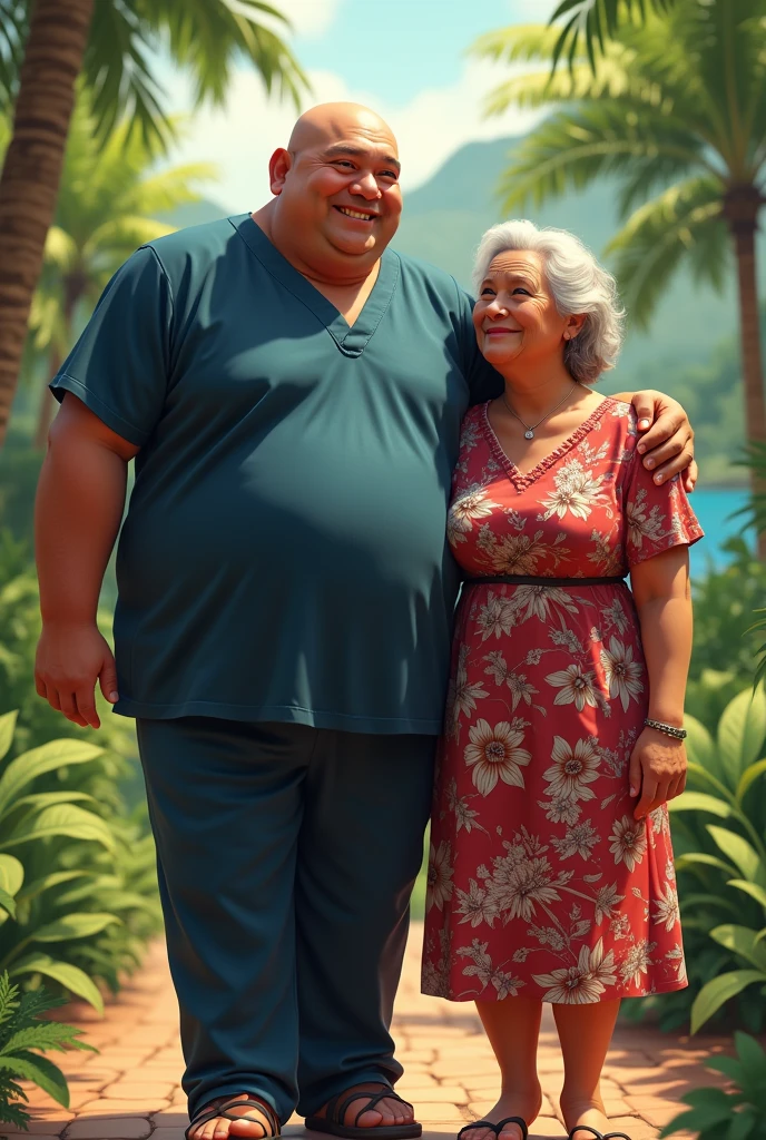 
Short muscular man with an old woman on the beach
