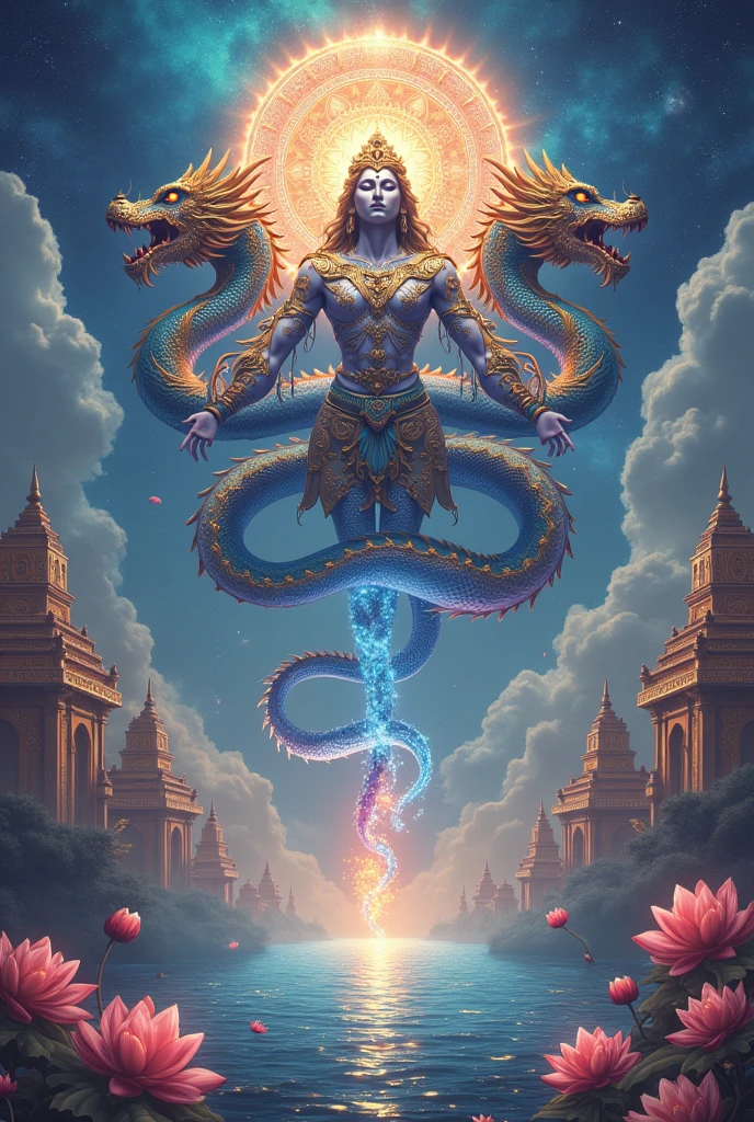 “Create a high-resolution image featuring a serene and majestic Buddha statue with a divine aura. The Buddha should be placed against a background of a traditional temple, with a peaceful and sacred atmosphere. Add a rainbow-colored ascending dragon intertwined with the Buddha, creating a sense of movement and power. Include gentle floral elements and soft glowing light around the Buddha and the dragon to enhance the divine feeling. Overlay an inspirational quote in Japanese,

