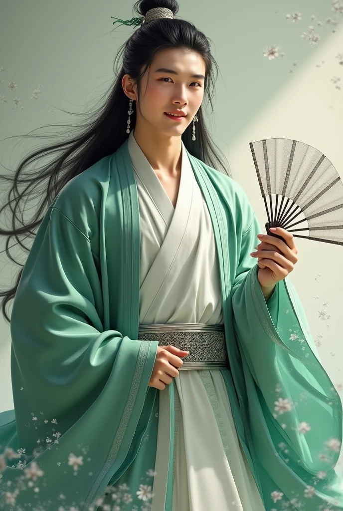 1 man,Very handsome,Long hair in period costume,Masterpiece,Best quality,A high resolution,Gufeng people,Upper body,Abs, chest muscle,Open the tulle coat,Hanfu