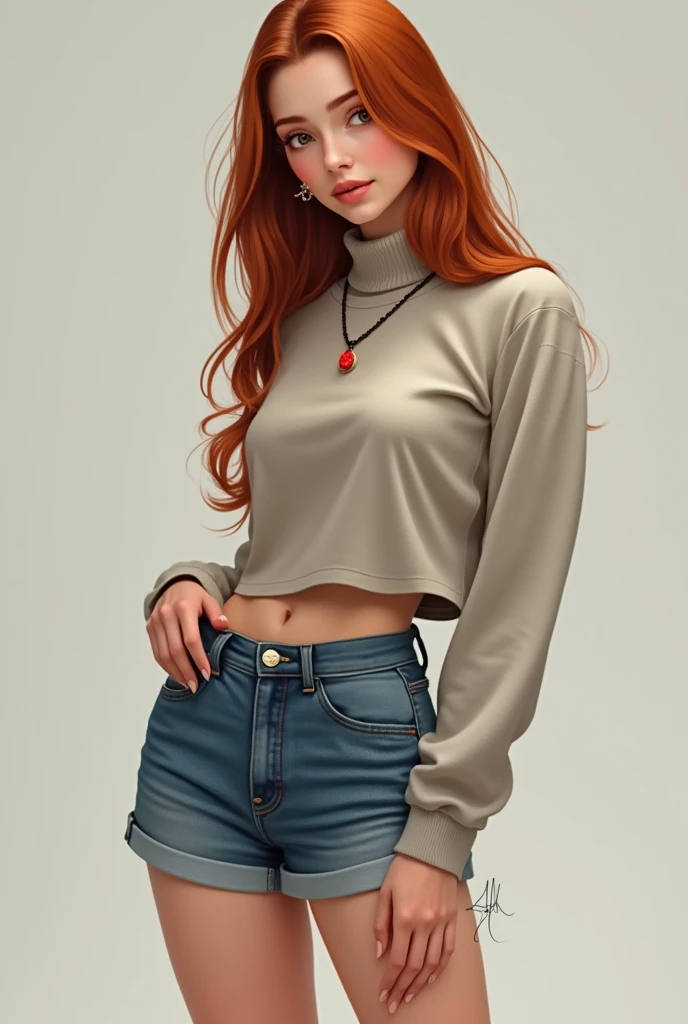 ((masterpiece, best quality)), ((Curvy Red-haired Latina in grey sweater and white granny panties)), started and embarrassed, (( Green eyes)), wearing red lipstick, EUF, photo realistic, intricate details