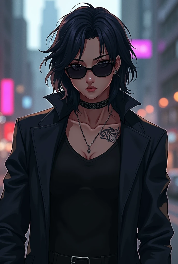CARTOON_DC_leslie_ownwaifu, short black hair, bob cut,black eyes, black lipstick, makeup, round eyewear, black jacket, crop top, long sleeves, pants, cleavage, looking at viewer, serious, standing, arms crossed, outside, city, street, overcast, wet, extreme detail, masterpiece, <lora:CARTOON_DC_leslie_ownwaifu:.7>