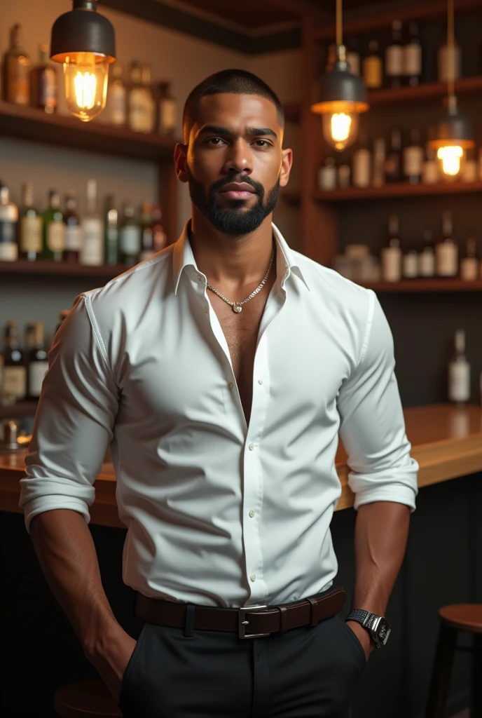Tall Fat Muscular Boy 1.92 meters,of dark test,With casual oversize style,with Puerto Rican roots ,with a short goatee and a bit of a handsome mustache and brown eyes with a seductive look sitting upright and with his legs crossed on a piece of furniture while drinking rum,With an age of 16-19 years
