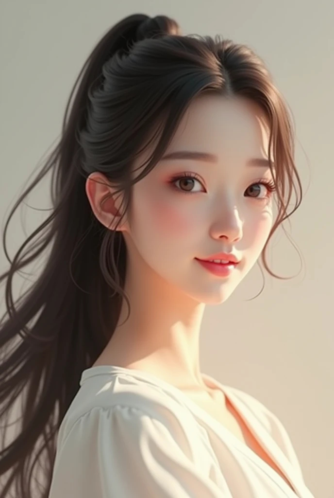 Masterpiece, top class, sunset light, handsome (1girl), ponytail, Korean woman, shoulder exposure, look at the viewer, court lady, wife's house, detailed photo, smiling expression, sexiness, festival, anniversary,