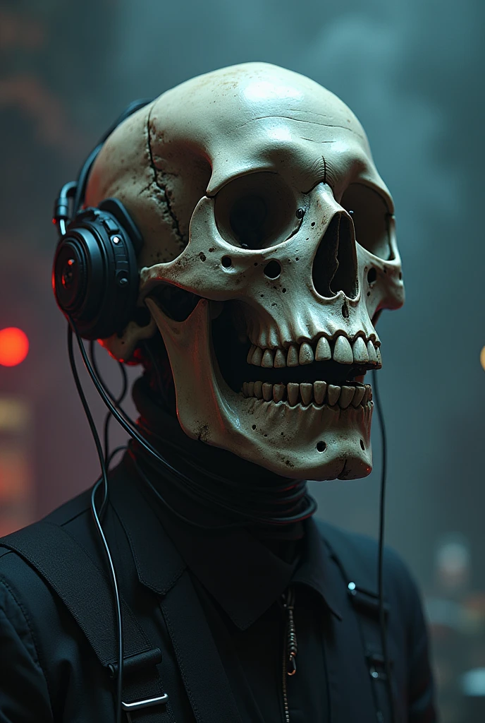 Skull in red leather jacket with neon orange headphones and neon red C sharp musical notes,um metrô em alta velocidade em chamas em alta velocidade e logo escrita rock 🎸 Metteoroinsano em azul florescente 
