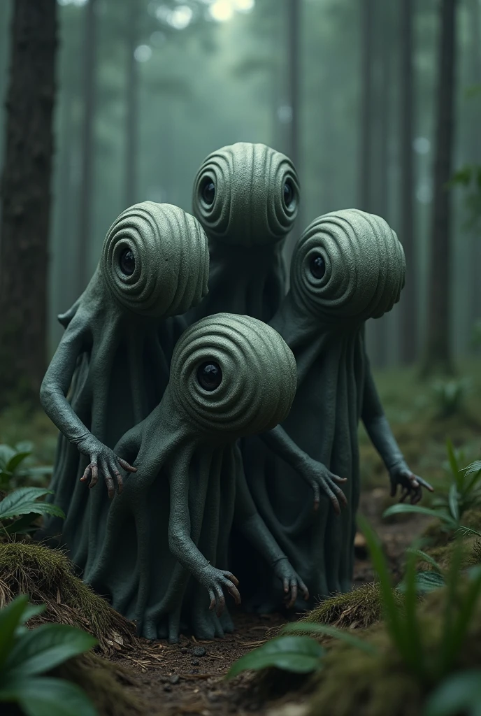 a snowy forest with tall, bare trees reaching up to the overcast sky. In the foreground, four eerie, human-like figures with large, bald heads and hollow eyes are partially buried in the snow, emerging from the ground as if frozen in place. Their skin is pale and cracked, giving them an otherworldly and unsettling appearance. The snow covers much of their heads and shoulders, adding to the chilling atmosphere of the scene. The background is filled with a dense array of trees, creating a sense of isolation and mystery in this wintry landscape.