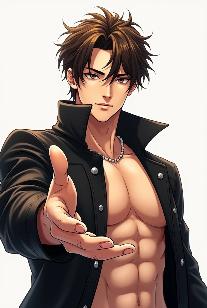 masterpiece, best quality, 1boy, black jacket, hood, ahoge, short hair, brown hair, black pants, smile, hands up, simple background, white background, upper body Muscular body, Imposing body, Imposing appearance, muscular arms, muscular legs, only body, trapezoid torso, sturdy body, muscular body, defined round and fleshy pecs, defined washboard ABS, defined arms, defined legs, flexing his muscles
