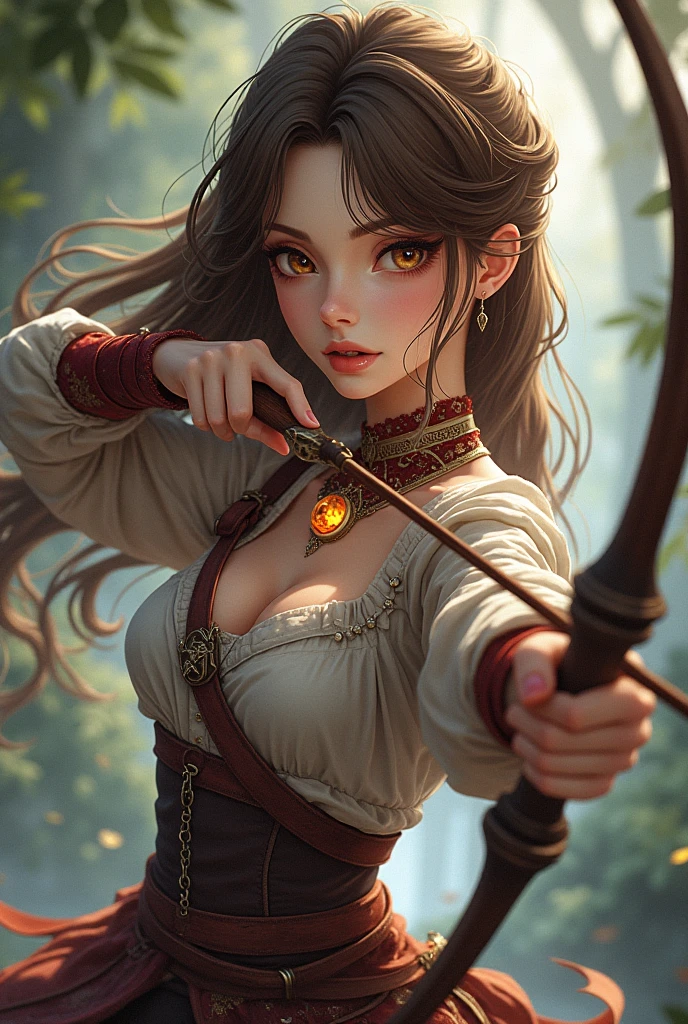 (Ultra Resolution 8K)), the best possible quality, papel de parede com detalhes intrincados, bela mulher, a mais linda de todas, belo rosto, sorriso sexy, sorriso confiante, expressing determination and courage, corpo perfieito, curvas perfeiras e proporcionais, abdomen liso e intrincado, feminina, sexy,  belos olhos azuis brilhantes,(olhos muito bem detalhados: 1.1), cabelo longo movido pelo vento,(Mythology : 1.1), (bow and arrow in hand: 1.2), (arco a disparar: 1.1), ((arco e flecha no Mao)), ((vestido longo movido pelo vento: 1.1 )), maos detalhadas, segurando o arco, figura bonita, deusa Artemis, deusa, flutuando no ar, obra-prima muito bem detalhada