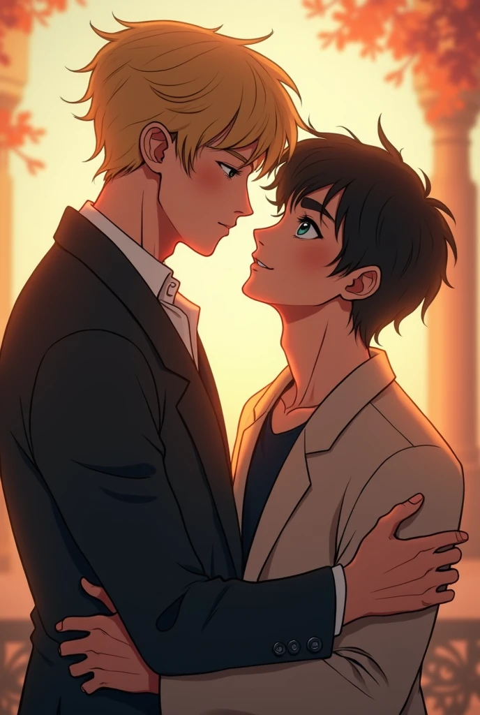 Young male office worker, handsome, cocoa brown hair, green mixed with blue eyes, anime ; hug his big boss , blonde hair, blue eyes, tall, they brush, eyes meet eyes