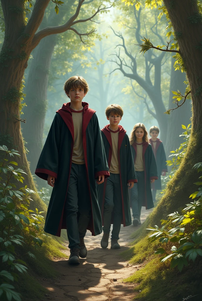 A gryffindor boy with a Slytherin girl and a Hufflepuff boy with Wands in their hand . The gryffindor boy will wear a maroon jacket and Slytherin girl will wear a green jacket and the Hufflepuff boy will wear a yellow jacket
