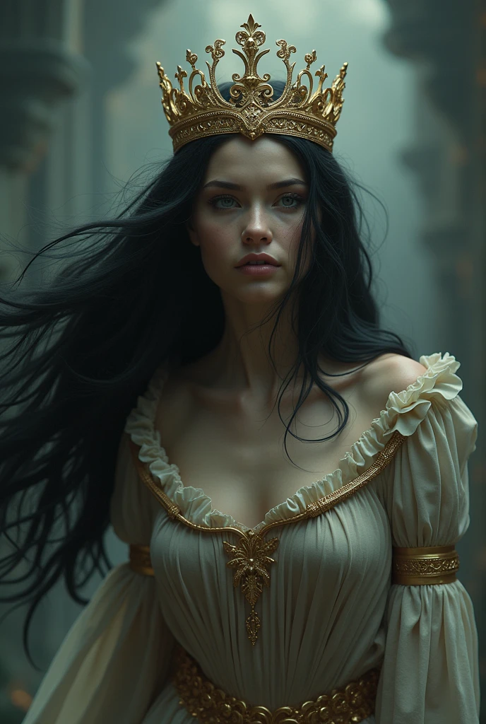Queen with white crown long black hair big breath