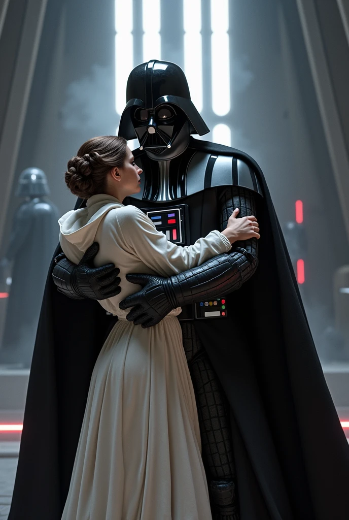 dreamlikeart, (extremely detailed CG Unity 8k wallpaper:1.1), sharp focus, Darth Vader and Princess Leia hugging, portrait, photography, in a futuristic corridor, blender render