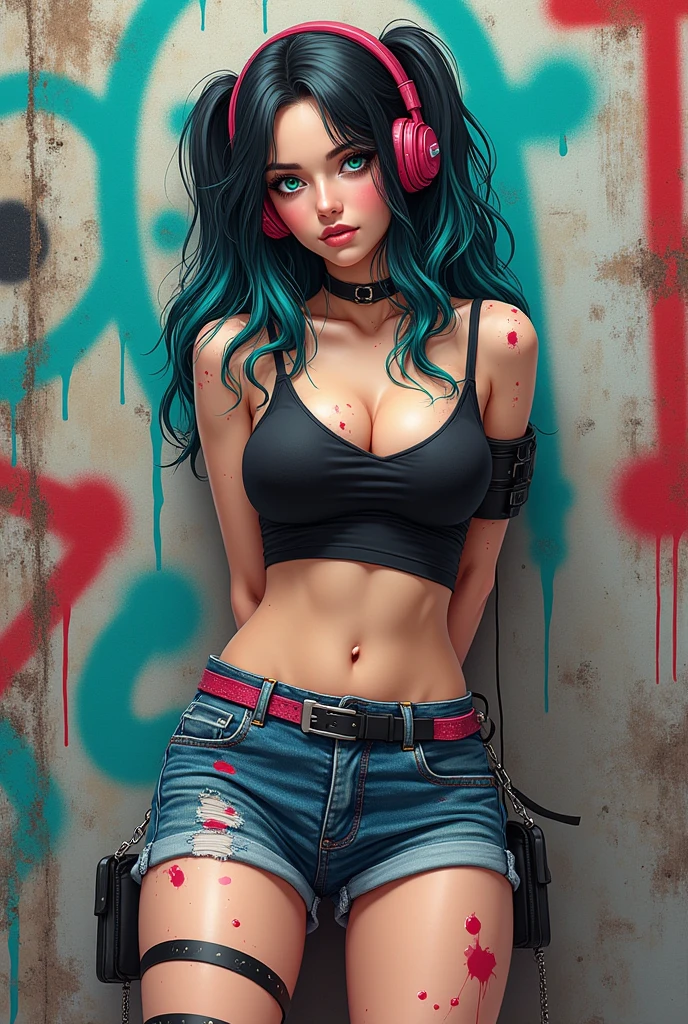 Photorealistic masterpiece, best quality, 1girl, solo, crop top, denim shorts, choker, (graffiti:1.5), paint splatter, arms behind back, against wall, looking at viewer, armband, thigh strap, paint on body, head tilt, bored, multicolored hair, aqua eyes, headset,((( big hips, breast)))