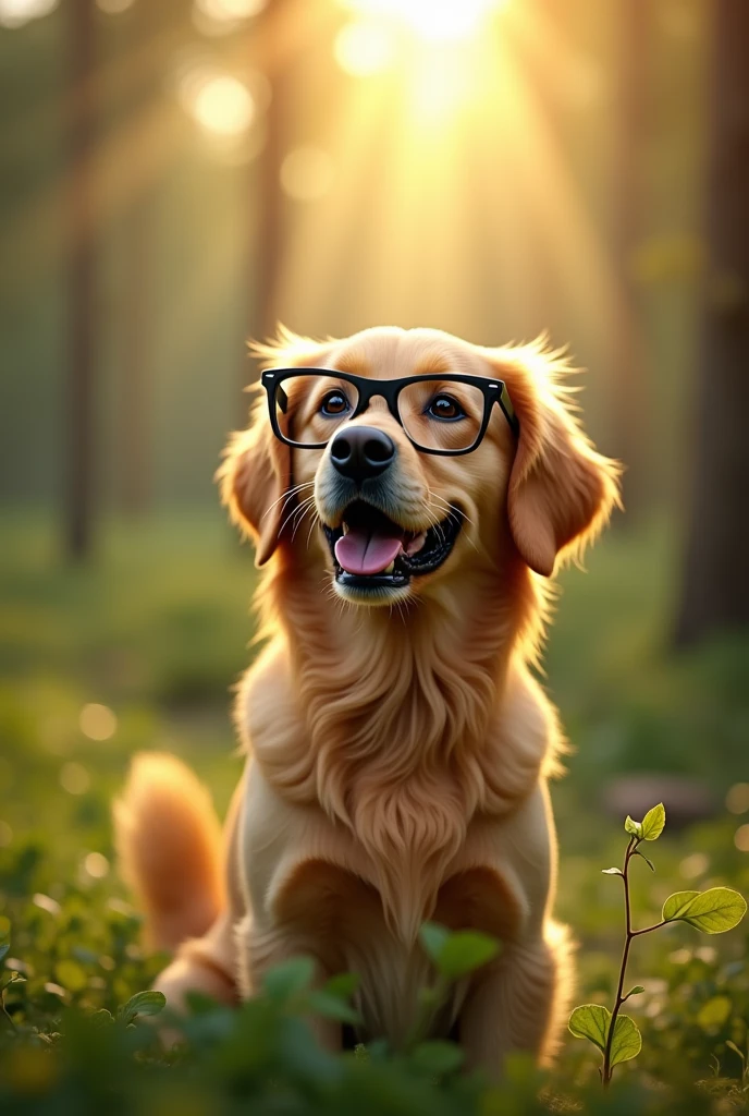 A Golden Retriever ( dog) wearing square black ,  with an open mouth making an expression of happiness looking into the distance, The setting is a beautiful forest with rays of sunlight ,  realistic photo 
