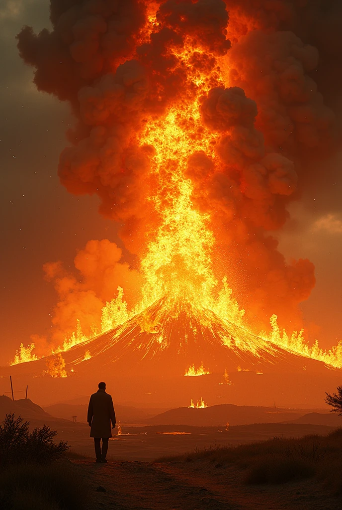 (best quality,4k,8k,highres,masterpiece:1.2),ultra-detailed,(realistic,photorealistic,photo-realistic:1.37),hilltop view,male figure,spewing lava from mouth,fiery red and yellow colors,nighttime scene,luminous glow,ominous atmosphere,wispy smoke,cracked ground,thick, viscous lava,crimson veins,volcanic eruption,steam rising,dramatic pose,forceful expulsion,rocks and debris,emitting heat and light,explosion of molten lava,evil and menacing,fiery inferno,sparks and embers flying,apocalyptic landscape,dark silhouette against bright lava,manificent power,terrifying display of strength,demon-like appearance,emerging from deep within the earth,fiery breath,vivid and intense colors,ominous clouds swirling above,giant waves of molten rock,majestic and awe-inspiring,contrasting dark shadows and bright highlights,unleashing destruction upon the world.