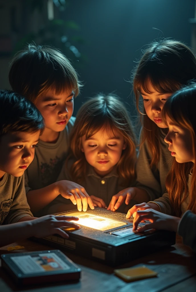 A boy explain story to two women in home night hounted horror image