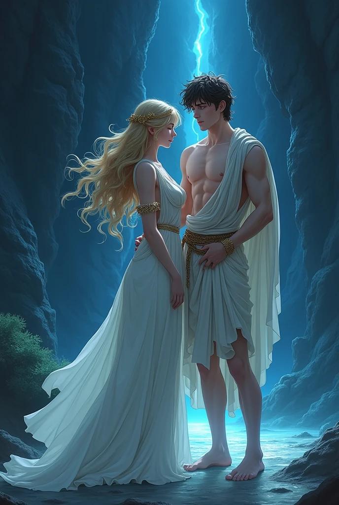 A surreal and ethereal landscape of the Greek God Hades seductive and virile, with long black hair and beautiful perfect face, strong and perfect body, and the Greek goddess Persephone with blonde hair and the perfect face, while they are both in a dreamlike embrace in the depths of the underworld, detailed rendering of every detail, detailed rendering of the face,  Realistic and perfect rendering, high resolution, 8K.