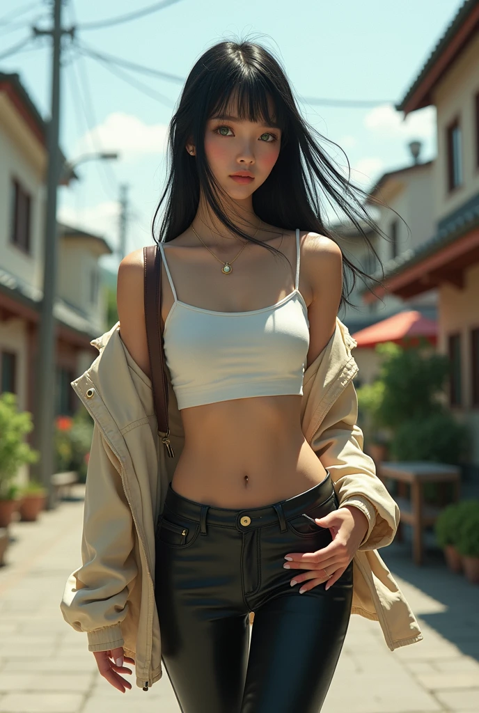 (best quality,8k,highres,masterpiece:1.2),ultra-detailed,(realistic, photorealistic, photo-realistic, slim waist, skinny, small body:1.37),realistic skin texture, detailed eyes and lips, beautiful detailed face ,long eyelashes ,smooth skin, realistic photo, young cute Asian teen, unkempt black hair with bangs, in revealing emo grunge style see-through croptop with accessories and layers, revealing black skirt, ((standing up facing the viewer)), (full body shot:1.4), striking a revealing pose, detailed face and body, natural lighting, high resolution, photorealistic, jewelry, (legs in fame of picture:1.2)