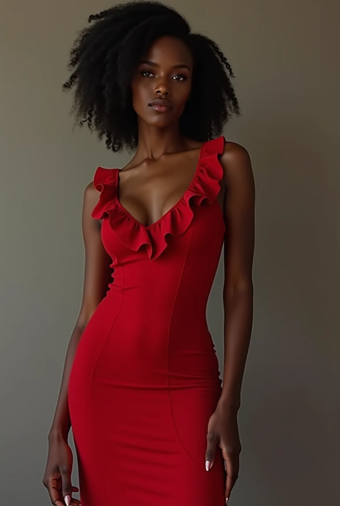 a close up of a fashion model, woman, African American, in a red dress posing for a picture, a portrait inspired by Esaias Boursse, tumblr, renaissance, sexy red dress, red dress, all red, elegant red dress, wearing red dress, dominating red color, revealing stylish dress, wearing a red dress, in a red dress, red, rich red, red hot, low cut dress
