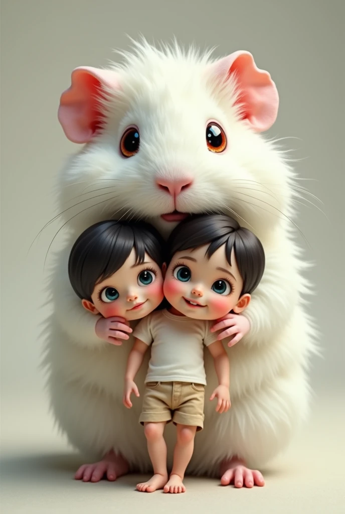 Baby with half a half around the forehead with white hair, bad face, red eyes and with a scar on the eye. With a rabbit teddy in hand