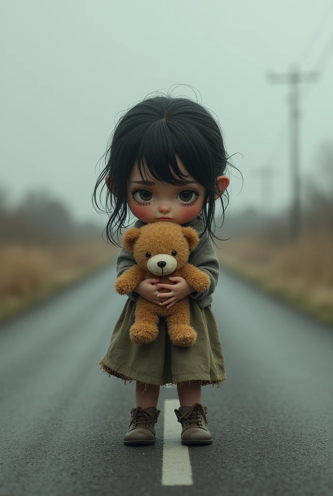  brume avec une poupée Ours dans la main triste. Image 3d
