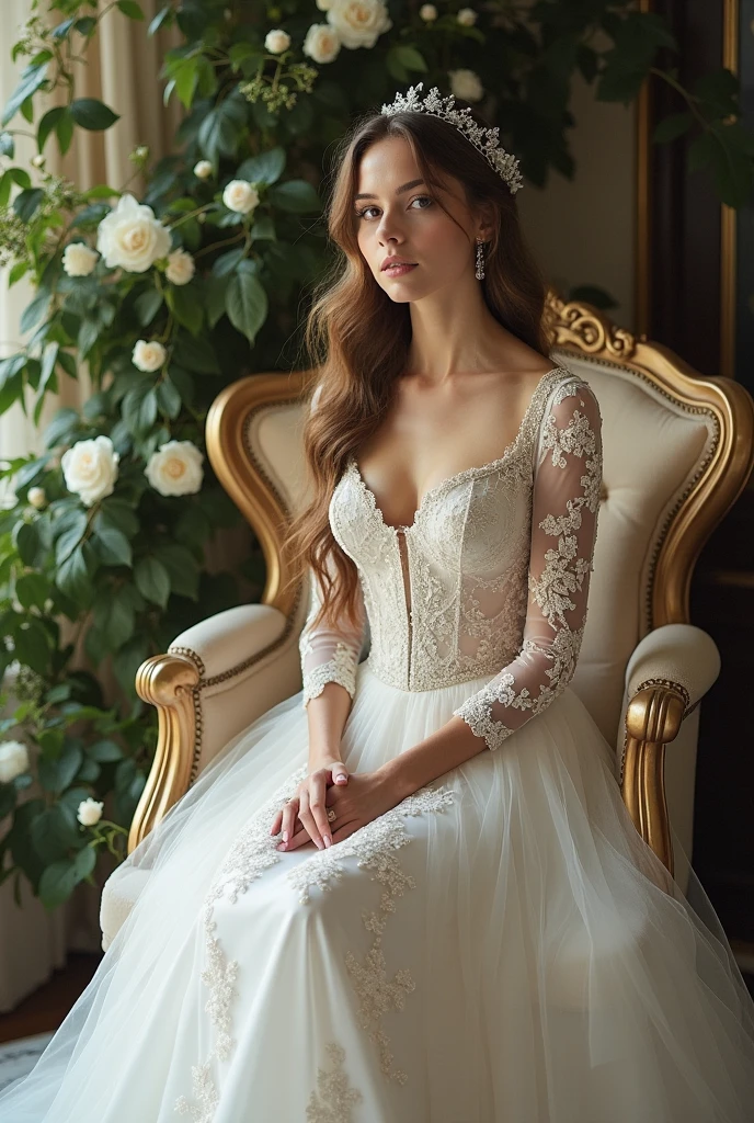Create a portrait of a refined and elegant woman seated in a sophisticated setting. She has long, wavy hair styled in two thick braids that are pulled over her shoulders. She wears a white, lace gown with intricate patterns, featuring a deep V-neckline and short sleeves. The dress exudes a vintage charm with its delicate lacework. She is adorned with ornate, dangling earrings that add a touch of glamour to her appearance. The background is softly lit, with warm, ambient lighting that creates a cozy and inviting atmosphere. Her expression is poised and serene, capturing a sense of grace and elegance.