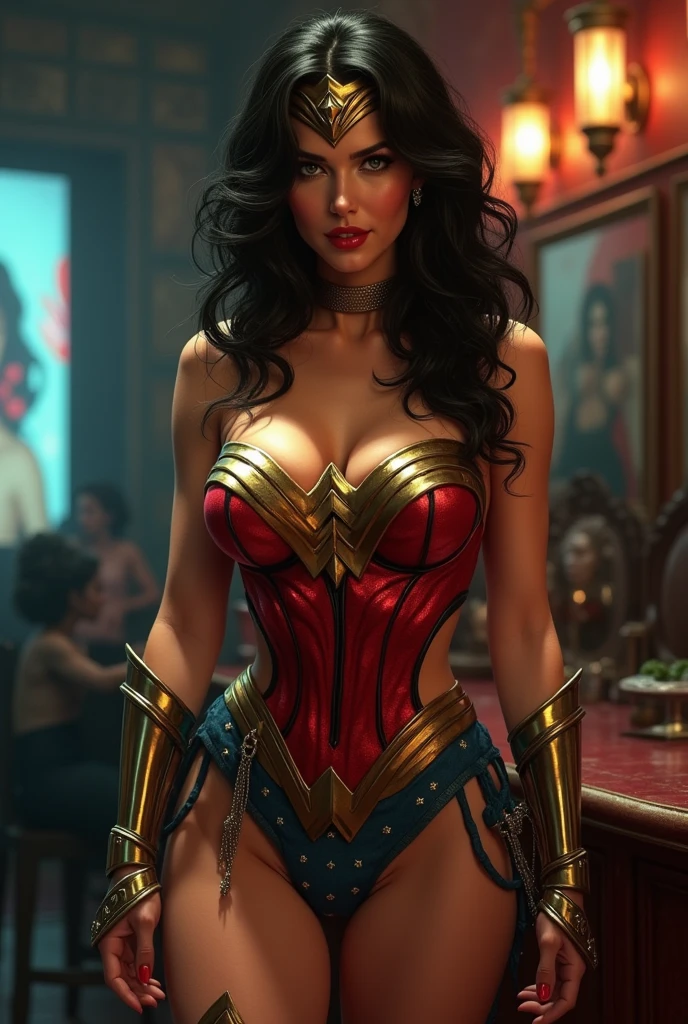 1 woman, Pretty Caucasian (female), Sarah Shahi, a slim but muscular body, huge breasts, short dark brown messy hair, blue eyes, ultra high resolution, masterpiece, highest quality, perfect detailed hands and fingers, perfect detailed eyes, perfect lighting, detailed lighting, dramatic shadow, ray tracing, perfect anatomy, Voluptuous, exposed large cleavage, symmetrical eyes, chubby lips, big , big ass, big beautiful thighs, abs, muscle, well exposed thighs, wearing wonder woman costume, short ultra micro miniskirt((very very very micro miniskirt exposing full length thighs)), light source from front, Detailed Beautiful Woman、Sexy walking pose, standing pose、((best_quality:1.8)), ((masterpiece:1.0)), intricate details, Extremely delicate and beautiful, (dark shot:1.8), Ultra realistic 8K, (realism: 1.5), (Realistic: 1.4), (Absurdity:1.4), official art, extremely detailed CG unity 8k wallpaper, ultra-detailed, perfect lighting, Colorful, ultra high res, photography, 8K, HDR, Kodak portra 400, (bokeh:1.2), (vibrant_color:1.2), (warm hue, warm tone:1.2), (color photo), professional photograph, film grain:1.2, NSFW:1.0, wasteland background, evening, ((view from front))、 
