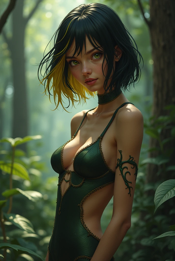 a young woman with tanned skin, amber eyes, short reddish-blonde hair, wearing a torn top and torn skirt, in a jungle setting, (best quality,4k,8k,highres,masterpiece:1.2),ultra-detailed,(realistic,photorealistic,photo-realistic:1.37),detailed portrait,detailed jungle environment,warm color tones,natural lighting,cinematic composition,intricate details,lush foliage,vines,flowers,birds,butterflies