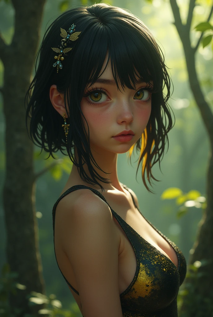1 beautiful girl, red eye details, short red hair, cool pose, in a green forest, slim body, small breasts, sun rays, photorealism, cinematic, (masterpiece: 1.2), (best quality: 1.2) , newest, AI-generated, ultra-detailed, best shadow, detailed background, high contrast, (best lighting, extremely delicate and beautiful), ((cinematic light)), hyper detail, dramatic light, details complex, 8k, anime, very aesthetic, vibrant colors, AddXL,, ((flat chest, flat stomach, baby face)), (intense colors)