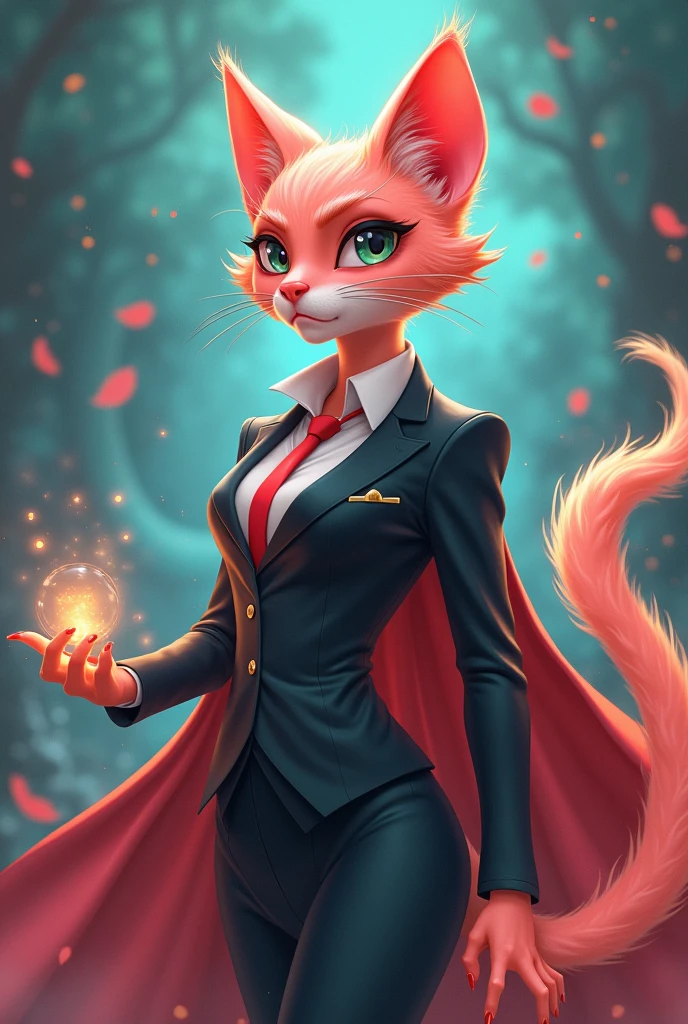 Stowberry colour look, sorcerer humanoid female cat furr, wearing business suit animated style