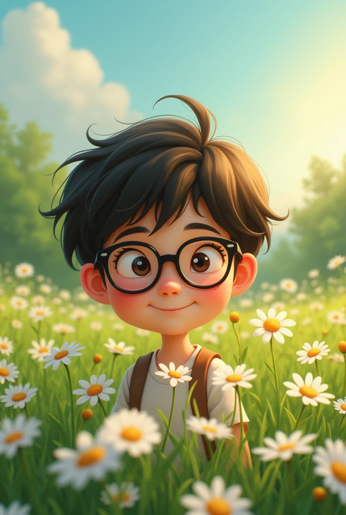 a little boy,with glasses , birthday, rosy chubby cheeks, only 4 teeth in his jaw, smiling brightly, wearing white shirt and blue pant, sitting on a field,