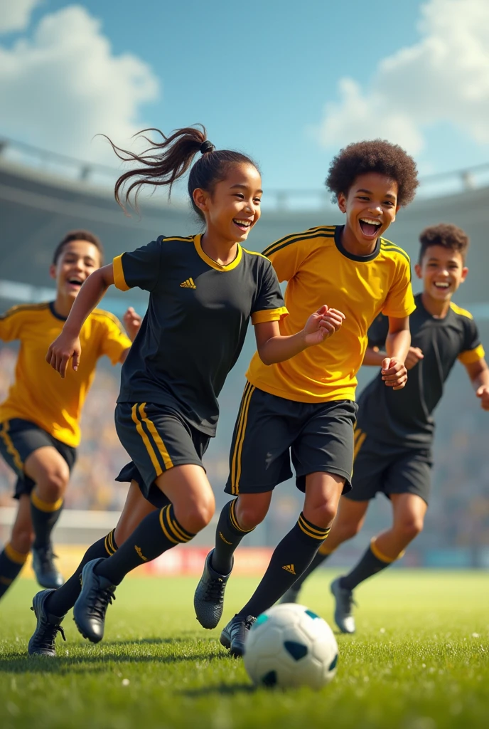 Children playing futebol, alegre, sorridentes, alta resolucao