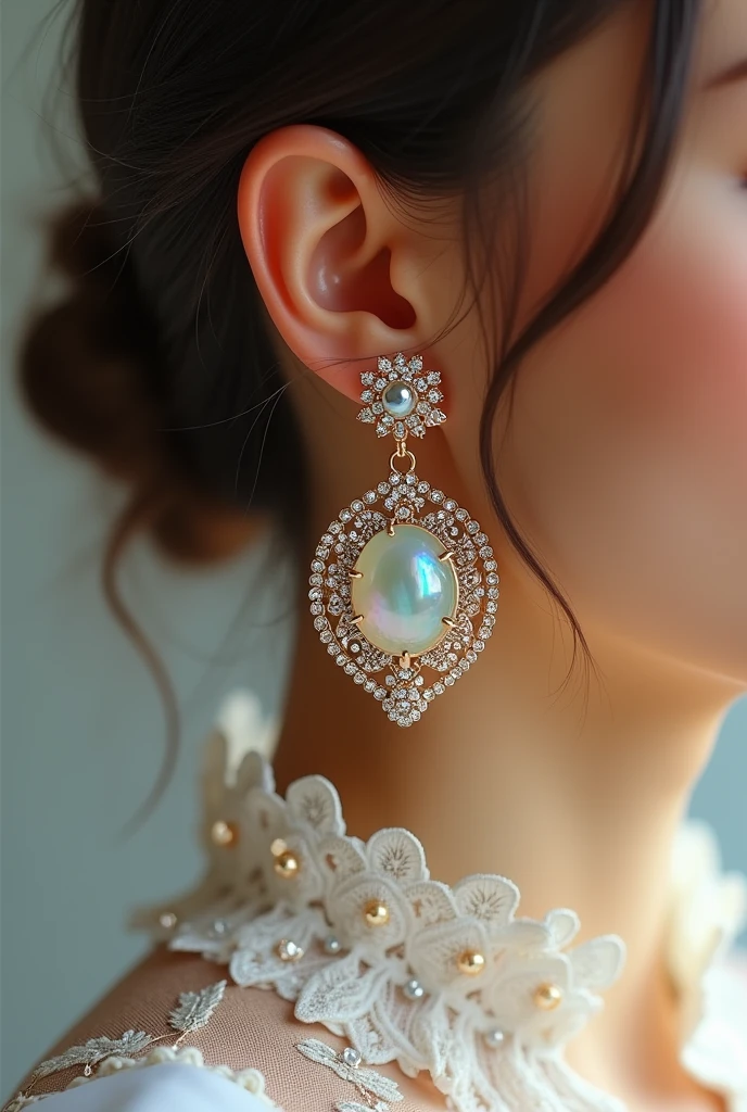 a close up of a woman wearing a pair of earrings, an earring, earring, wearing ornate earrings, earrings, huge earrings, giant earrings, earings, super intricate jewelry, jewelry iridescent, jeweled, close up details, ornate colored gems and crystals, big earrings, intricate and elegant, stunning details, stunning detail, jewelry photography, detailed jewellery