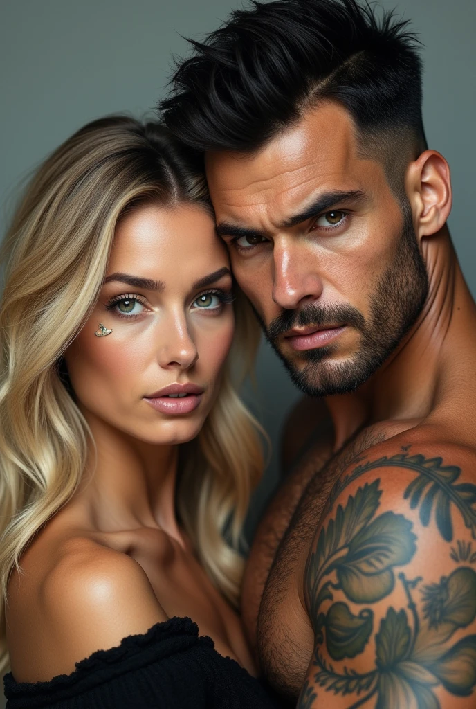 create an image of a couple, the man is blond with a shaved head (bald), all tattooed, no beard, with piercing blue eyes, tall and strong and very very handsome (he is a fighter) the woman is short, brown, green eyes shiny, marked eyebrows, thick and pink lips, delicate and beautiful features with a long ponytail. In the image he is messing with her ponytail and looking at her and she is in front of him looking straight ahead. Royal style