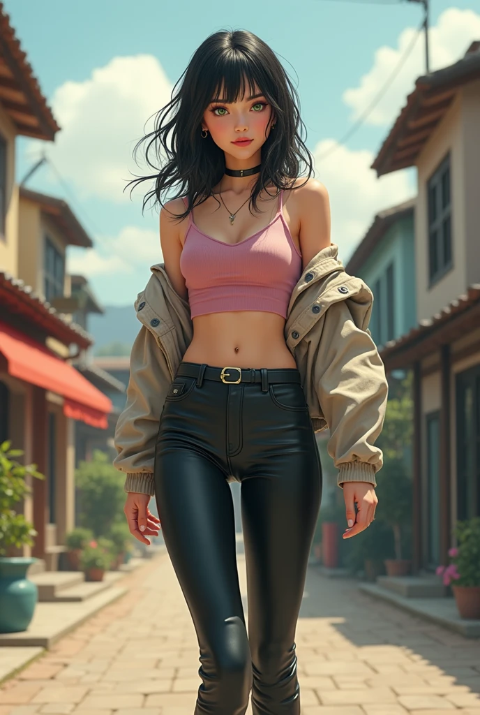 Definition of the woman's body black hair, thick oxas, body parts, short shorts, street at night, dark scene.