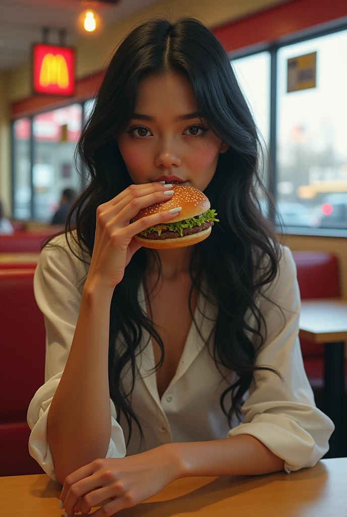 A beautiful woman ((sitting at a table ready to eat hamburger set with coke, burger, chicken nuggets, coke)), medium hair, black hair, McDonald's background, McDonald's interior, 8k Ultra HD, DSLR camera, soft lighting, high quality, film grain, Fujifilm XT3
